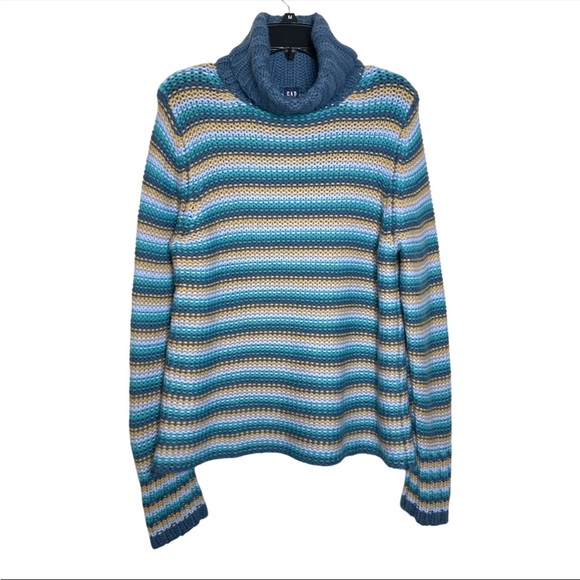 Vintage Y2K Gap turtleneck striped wool blend blue tan sweater XL - Picture 1 of 3